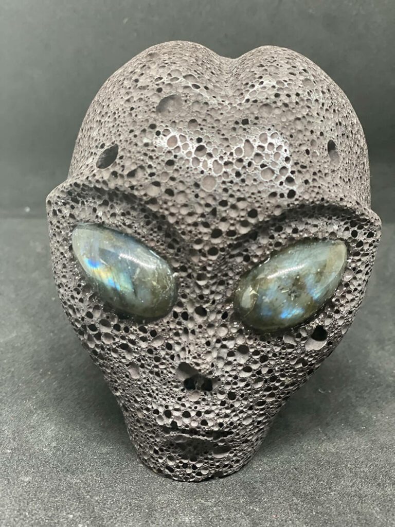 Bali lava alien skull with labradorite eyes