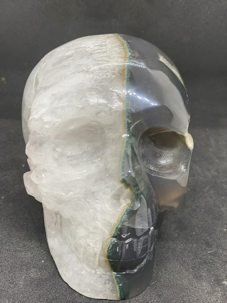 Rock crystal skull and green agate